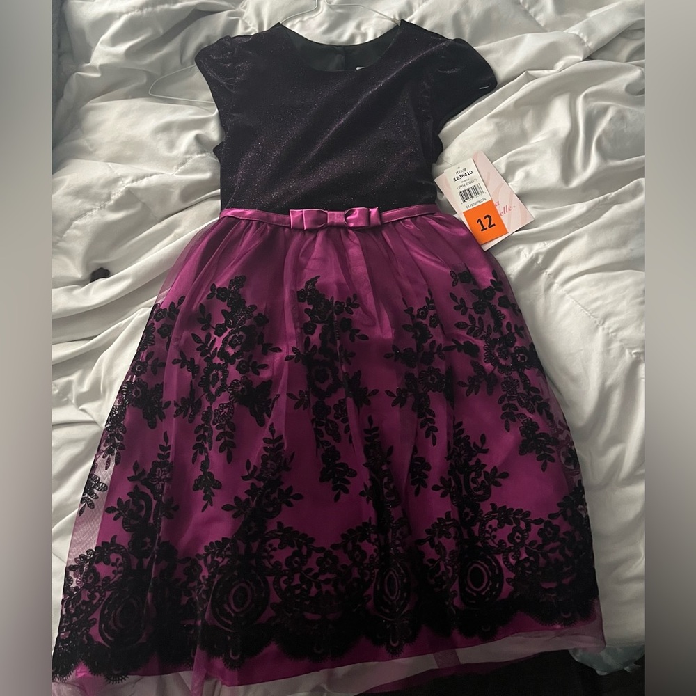 Formal black and magenta detailed dress. Size 12 girls